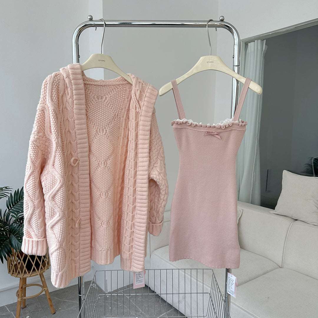 Creamy Cute Soft Girl Pink Knit Long Cardigan & Strap Dress Two Piece Set - Image 8