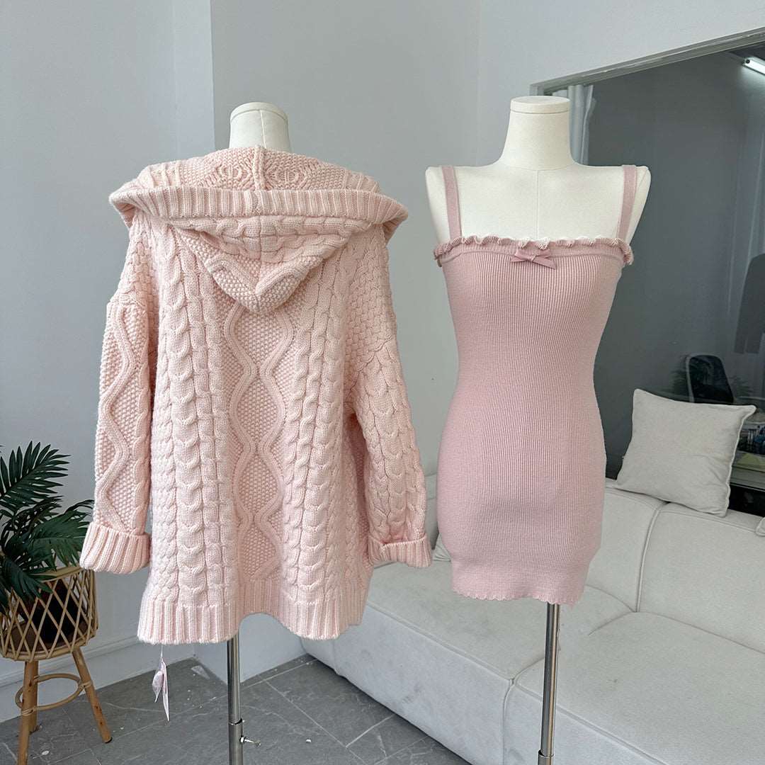 Creamy Cute Soft Girl Pink Knit Long Cardigan & Strap Dress Two Piece Set - Image 9