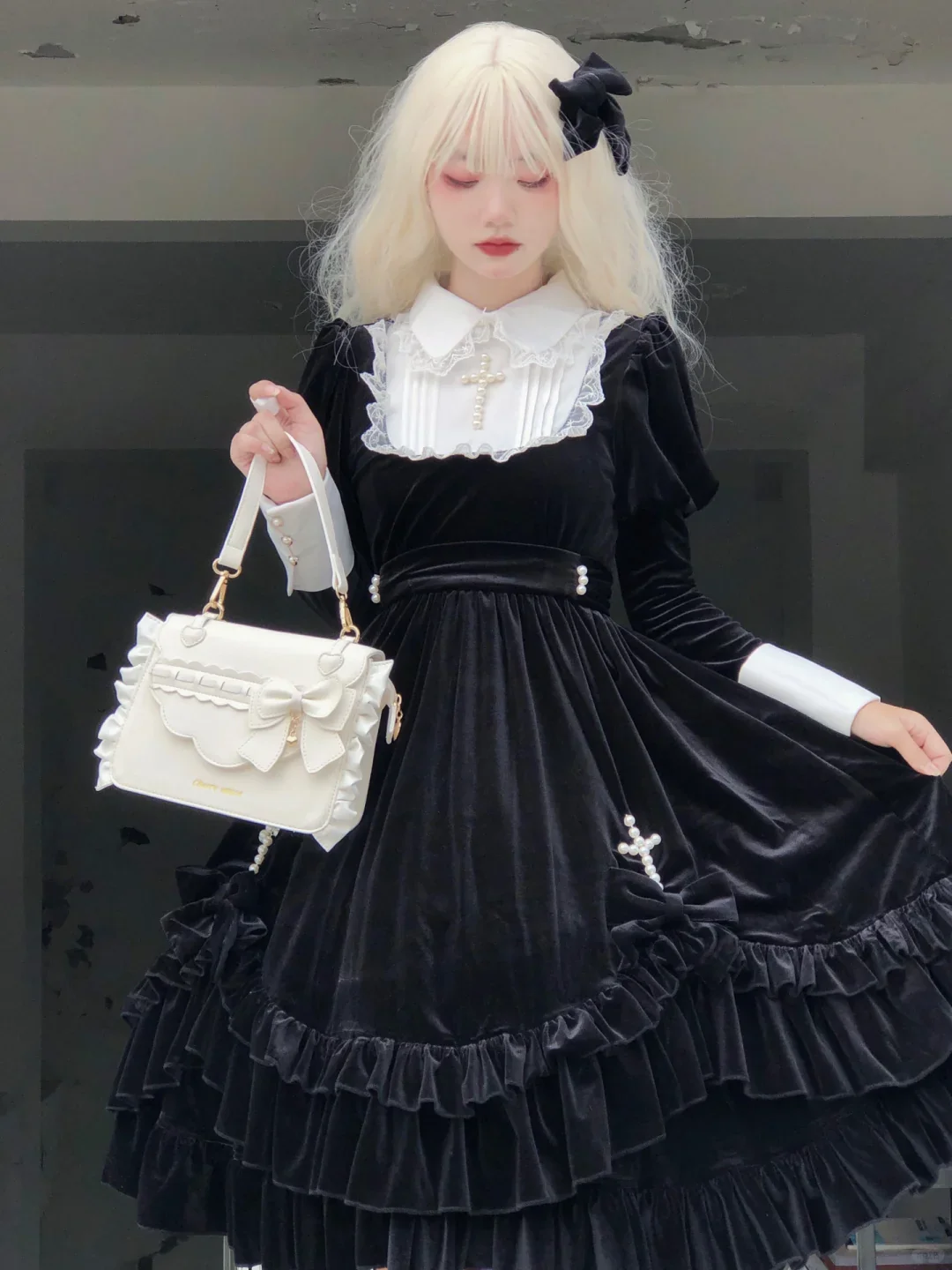 Cross Hymn Black Gothic Lolita Long Sleeve Velvet Dress - Image 3