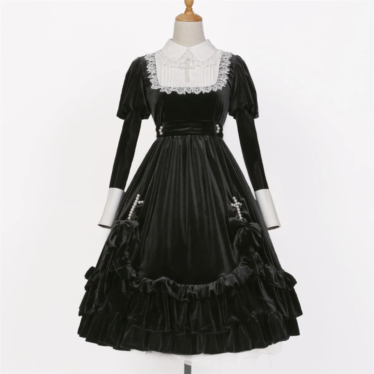 Cross Hymn Black Gothic Lolita Long Sleeve Velvet Dress - Image 4