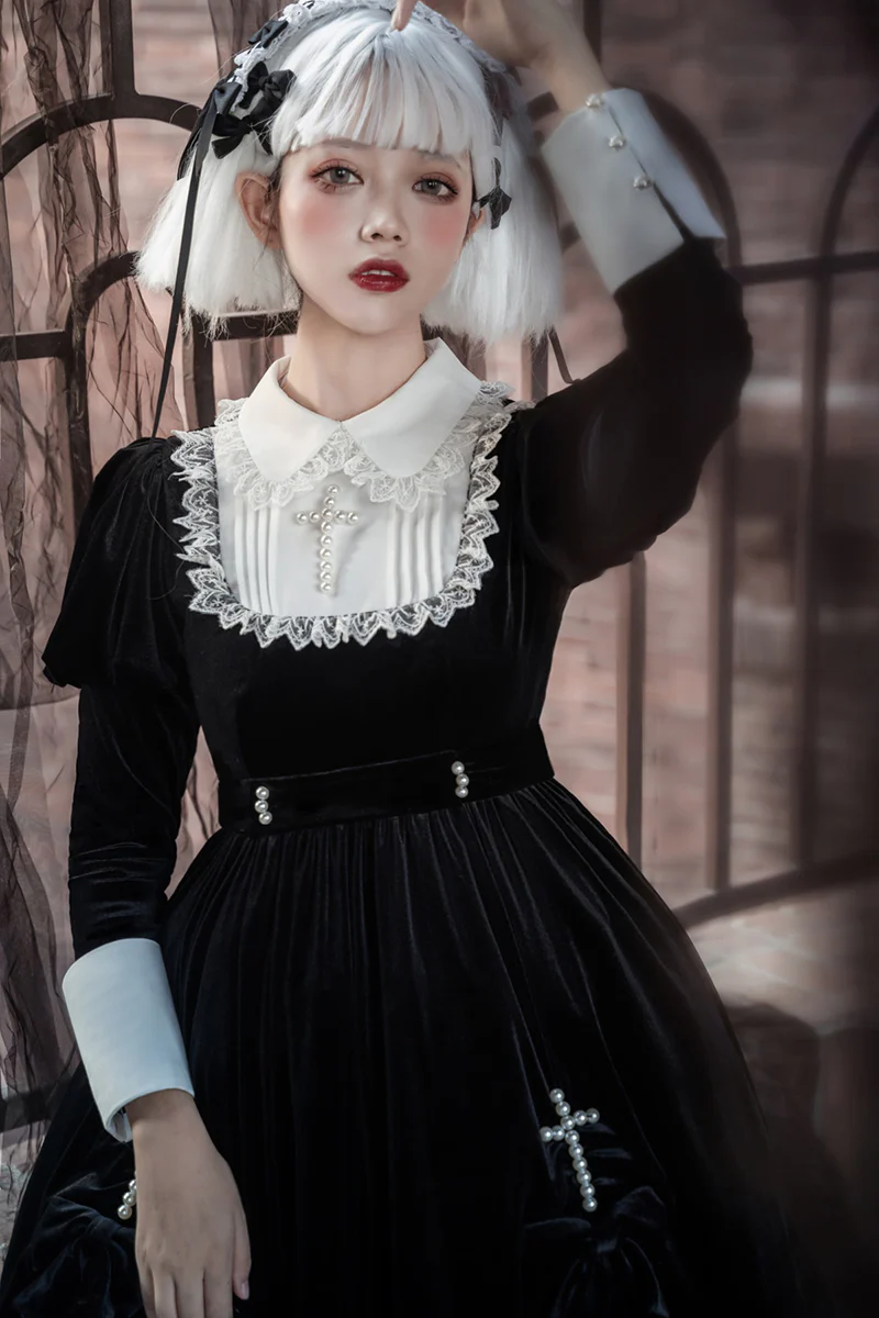 Cross Hymn Black Gothic Lolita Long Sleeve Velvet Dress - Image 5