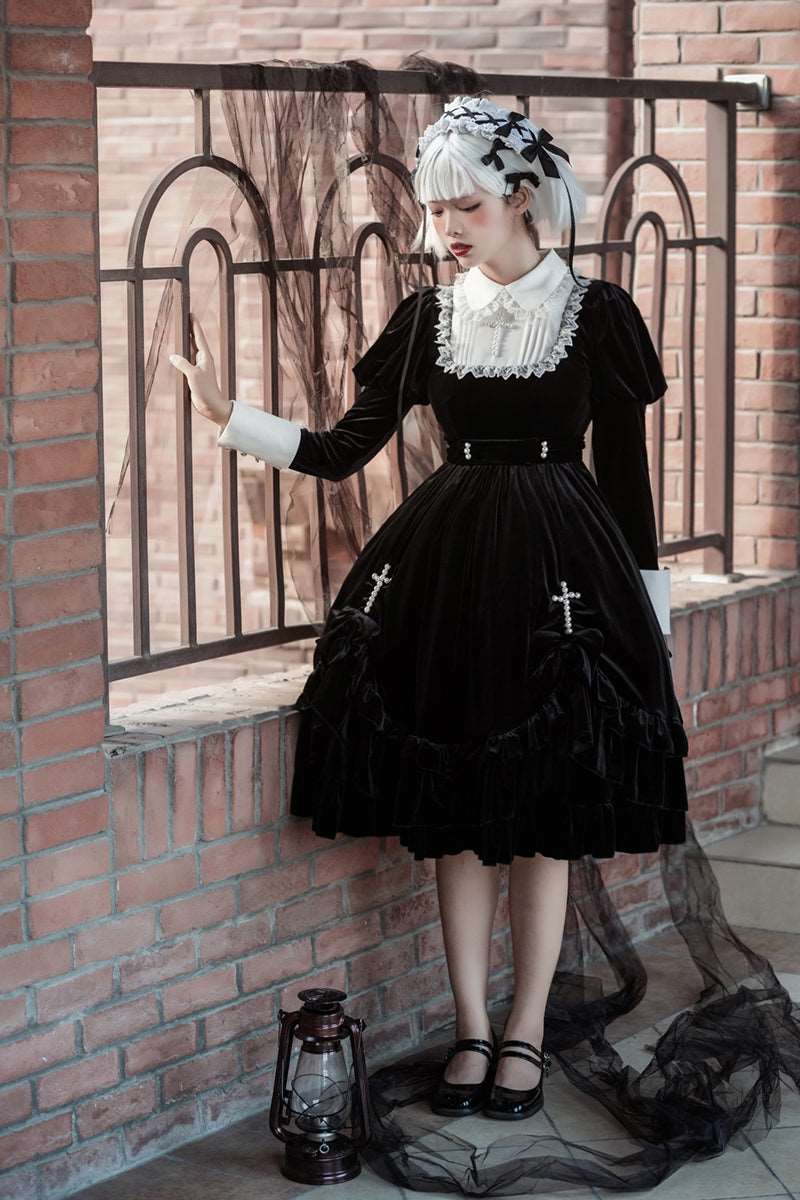 Cross Hymn Black Gothic Lolita Long Sleeve Velvet Dress - Image 6