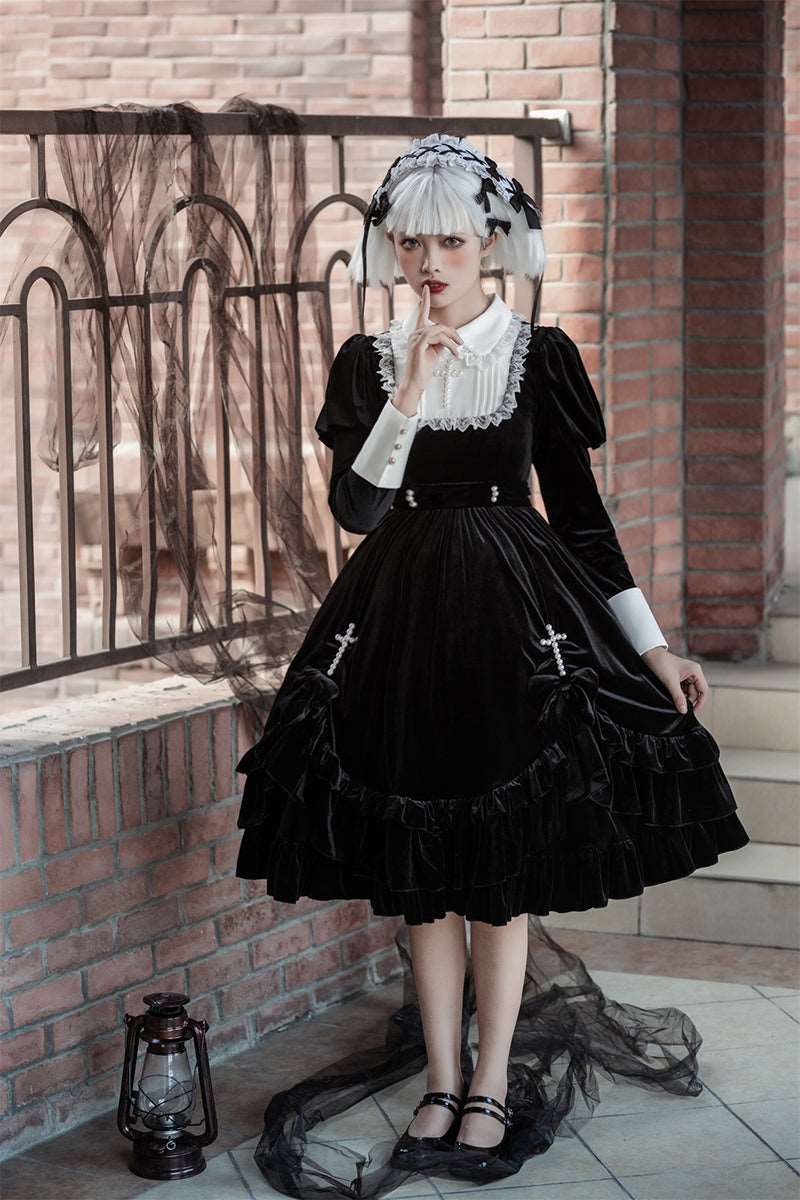 Cross Hymn Black Gothic Lolita Long Sleeve Velvet Dress - Image 7