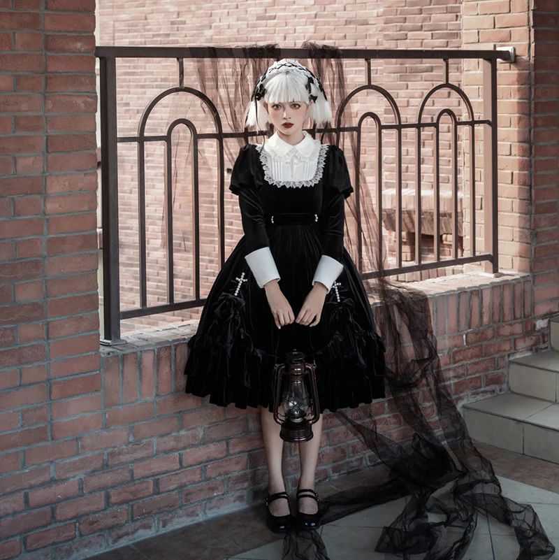 Cross Hymn Black Gothic Lolita Long Sleeve Velvet Dress - Image 8