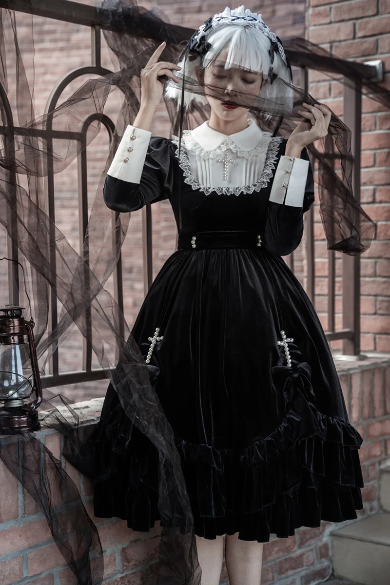 Cross Hymn Black Gothic Lolita Long Sleeve Velvet Dress - Image 9