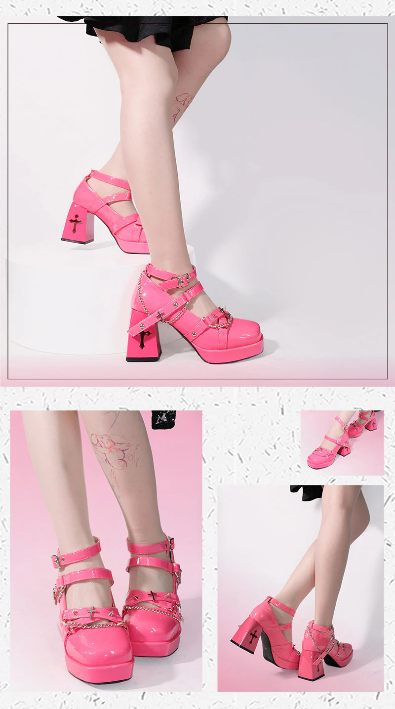 Walpurgis Night Cross Strap EGL Square Toe High Heels Platform Shoes - Image 21