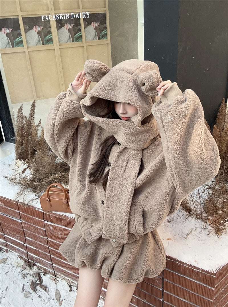 Cute Fall Winter White & Brown Bear Ears Hooded Jacket Skirt Two Piece Set - Image 10