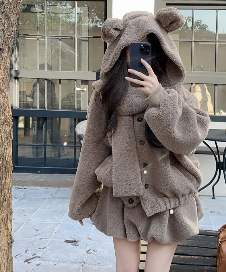 Cute Fall Winter White & Brown Bear Ears Hooded Jacket Skirt Two Piece Set - Image 2