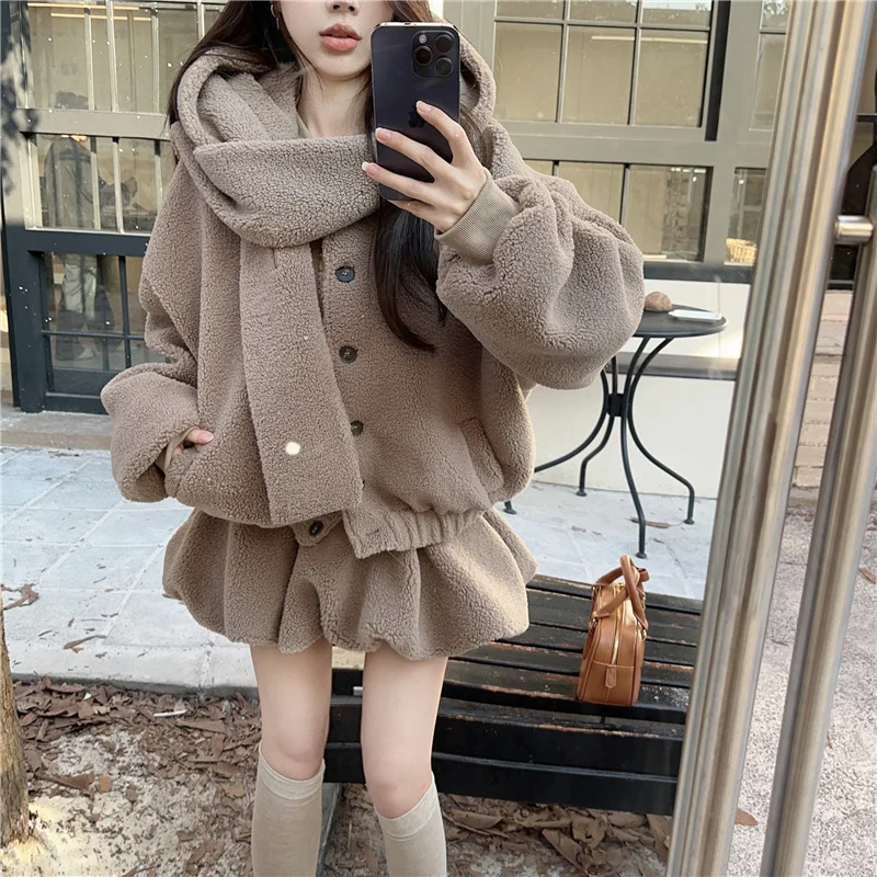 Cute Fall Winter White & Brown Bear Ears Hooded Jacket Skirt Two Piece Set - Image 3