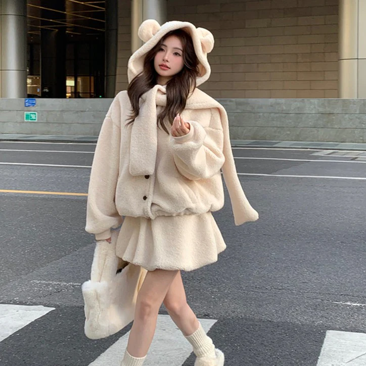 Cute Fall Winter White & Brown Bear Ears Hooded Jacket Skirt Two Piece Set - Image 4