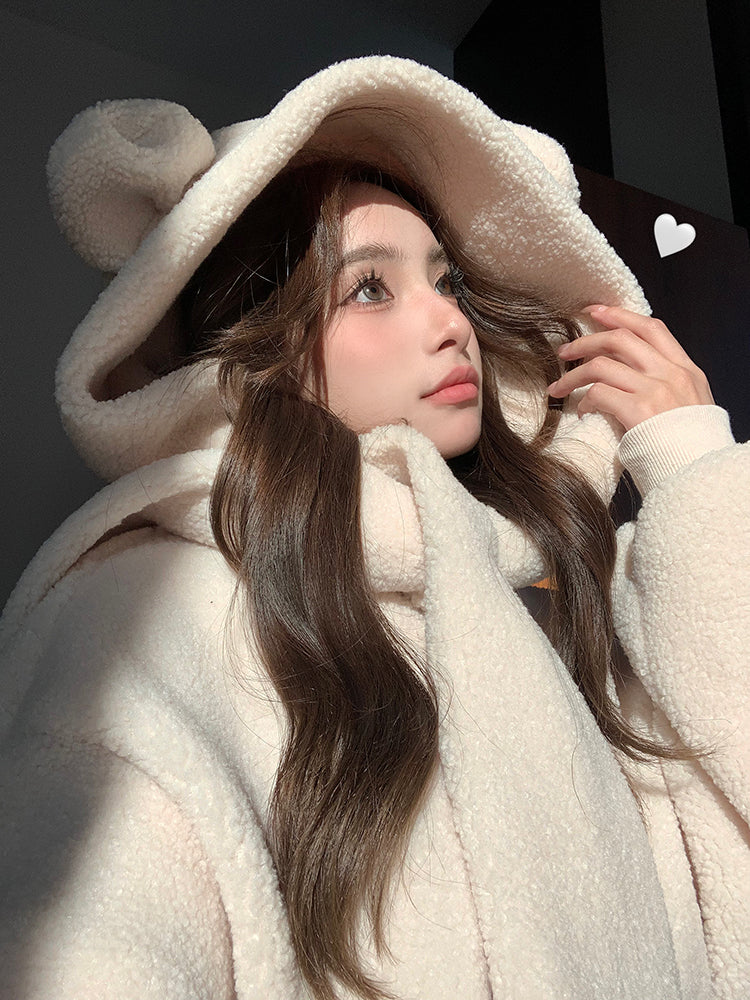 Cute Fall Winter White & Brown Bear Ears Hooded Jacket Skirt Two Piece Set - Image 5