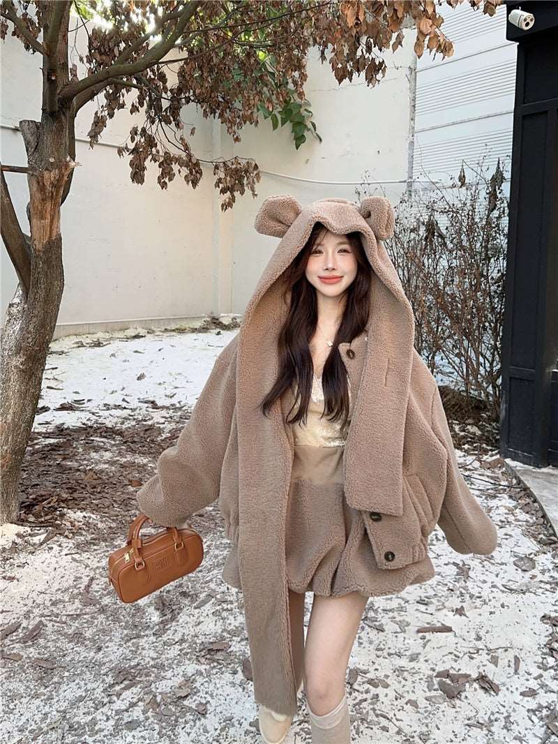Cute Fall Winter White & Brown Bear Ears Hooded Jacket Skirt Two Piece Set - Image 6