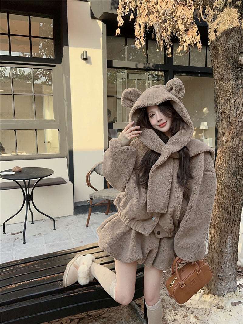 Cute Fall Winter White & Brown Bear Ears Hooded Jacket Skirt Two Piece Set - Image 7