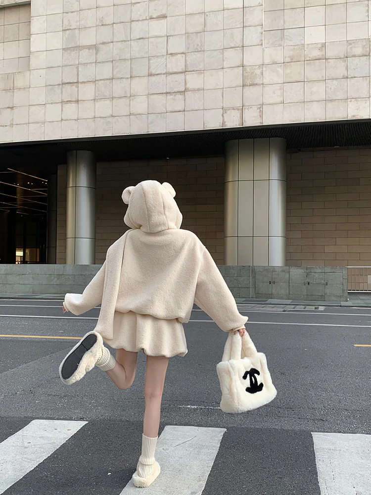 Cute Fall Winter White & Brown Bear Ears Hooded Jacket Skirt Two Piece Set - Image 8