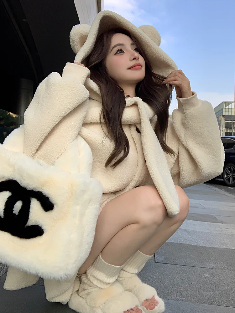 Cute Fall Winter White & Brown Bear Ears Hooded Jacket Skirt Two Piece Set - Image 9