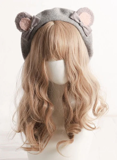 Cute Furry Teddy Bear Ears Bow Beret Hat - Image 3