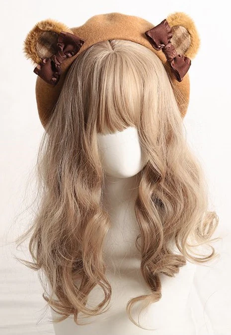 Cute Furry Teddy Bear Ears Bow Beret Hat - Image 4