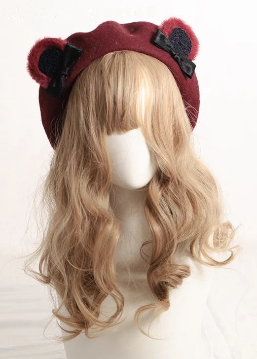 Cute Furry Teddy Bear Ears Bow Beret Hat - Image 5