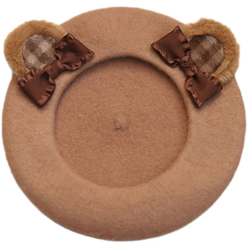 Cute Furry Teddy Bear Ears Bow Beret Hat - Image 6