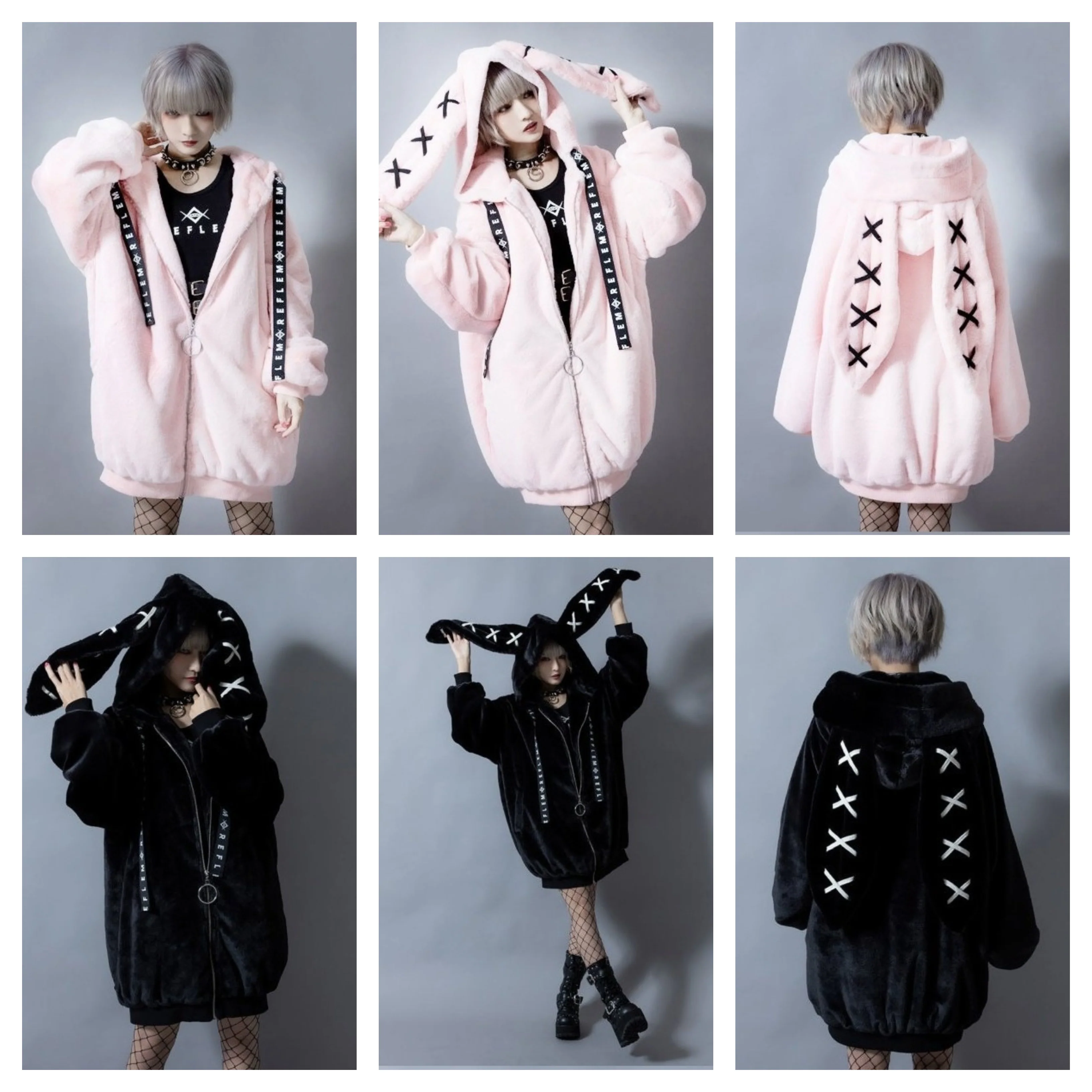 Gothic Soft Fluffy Plush Cross Pattern Rabbit Bunny Ears Pink Black Long Jacket Coat - Image 10
