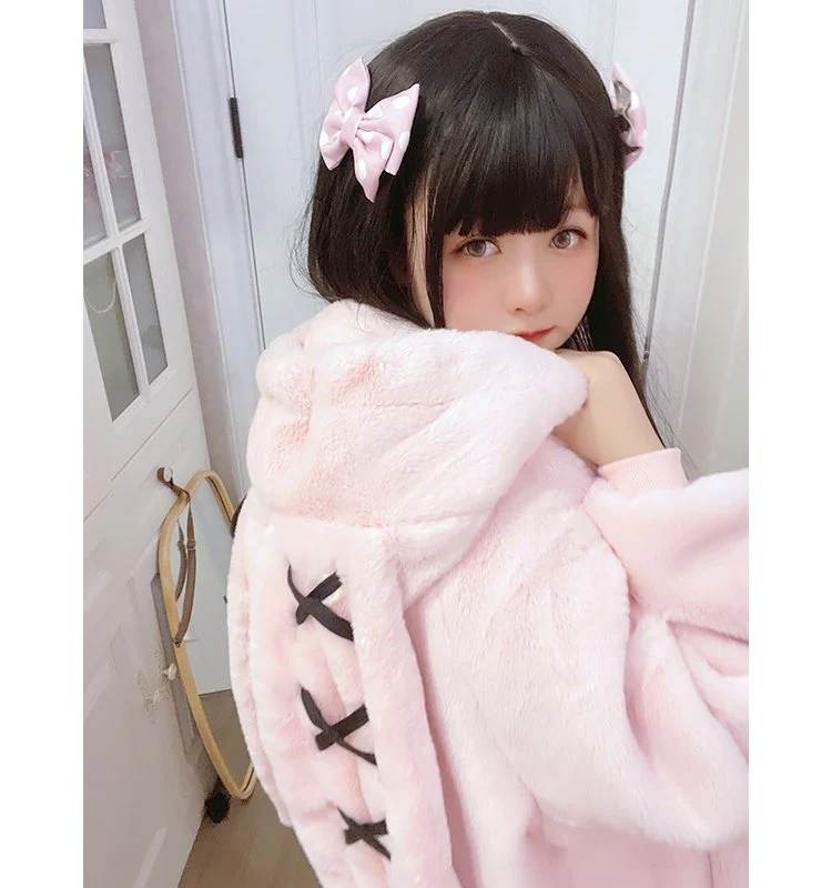 Gothic Soft Fluffy Plush Cross Pattern Rabbit Bunny Ears Pink Black Long Jacket Coat - Image 12