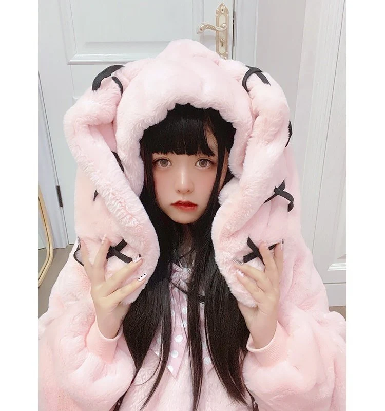 Gothic Soft Fluffy Plush Cross Pattern Rabbit Bunny Ears Pink Black Long Jacket Coat - Image 13