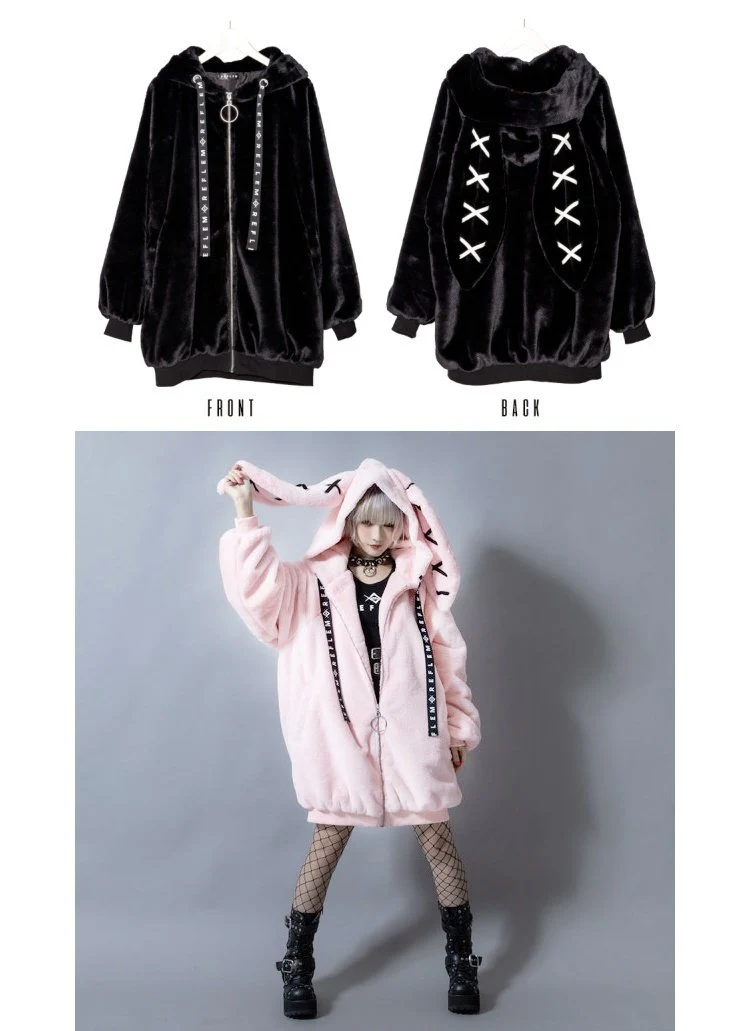 Gothic Soft Fluffy Plush Cross Pattern Rabbit Bunny Ears Pink Black Long Jacket Coat - Image 14