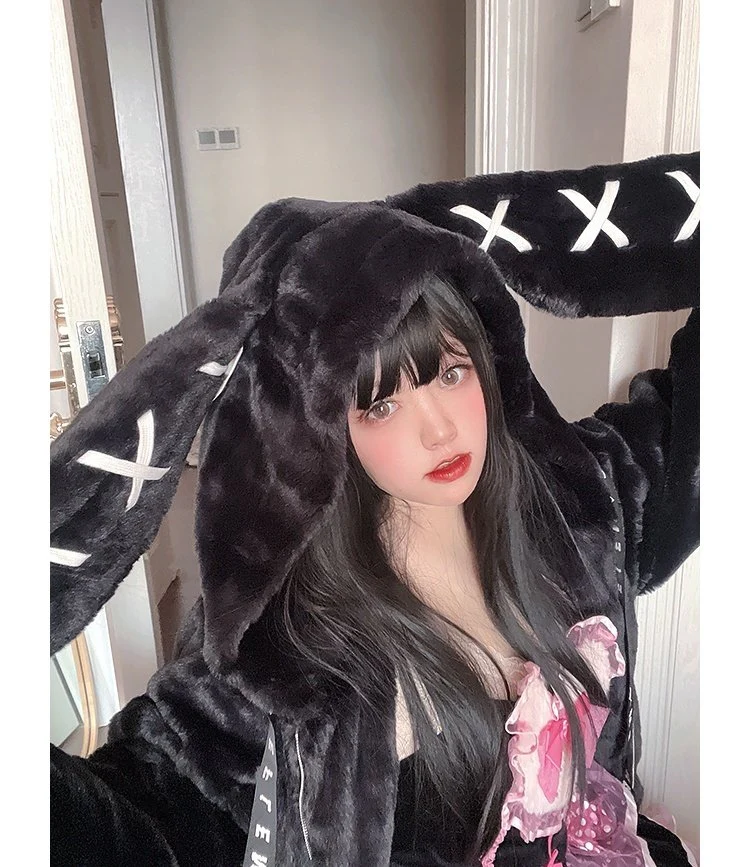 Gothic Soft Fluffy Plush Cross Pattern Rabbit Bunny Ears Pink Black Long Jacket Coat - Image 3