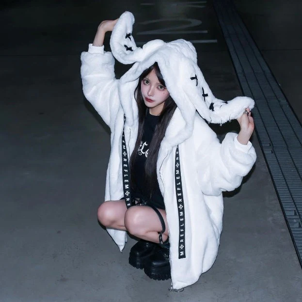 Gothic Soft Fluffy Plush Cross Pattern Rabbit Bunny Ears Pink Black Long Jacket Coat - Image 4