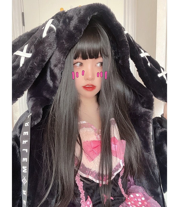 Gothic Soft Fluffy Plush Cross Pattern Rabbit Bunny Ears Pink Black Long Jacket Coat - Image 5