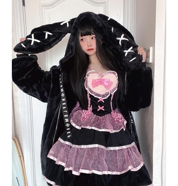 Gothic Soft Fluffy Plush Cross Pattern Rabbit Bunny Ears Pink Black Long Jacket Coat - Image 6