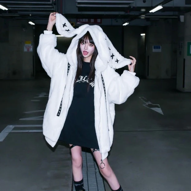 Gothic Soft Fluffy Plush Cross Pattern Rabbit Bunny Ears Pink Black Long Jacket Coat - Image 7