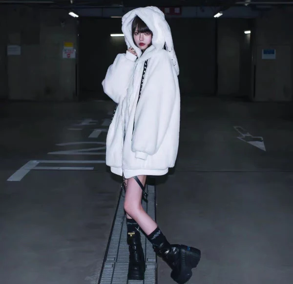 Gothic Soft Fluffy Plush Cross Pattern Rabbit Bunny Ears Pink Black Long Jacket Coat - Image 8