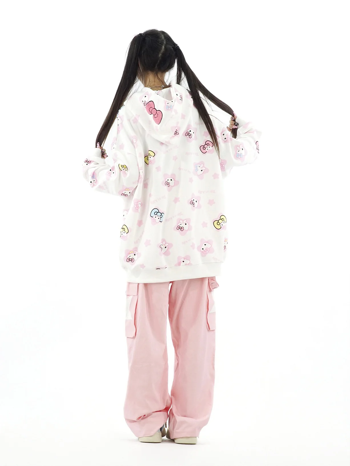Cute Kitty Cat Print White Pink Yellow Y2K Oversize Hoodie - Image 10
