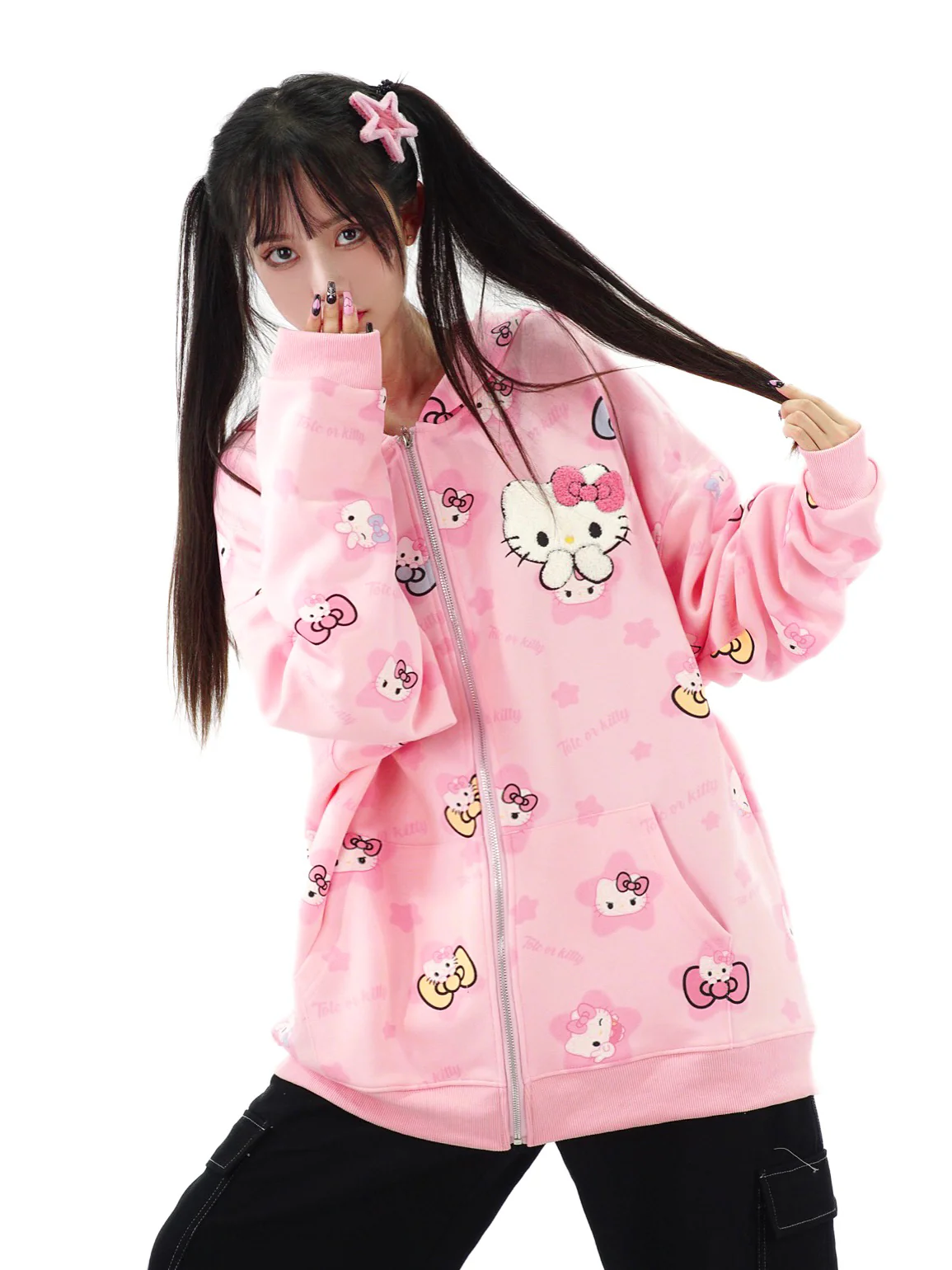 Cute Kitty Cat Print White Pink Yellow Y2K Oversize Hoodie - Image 2