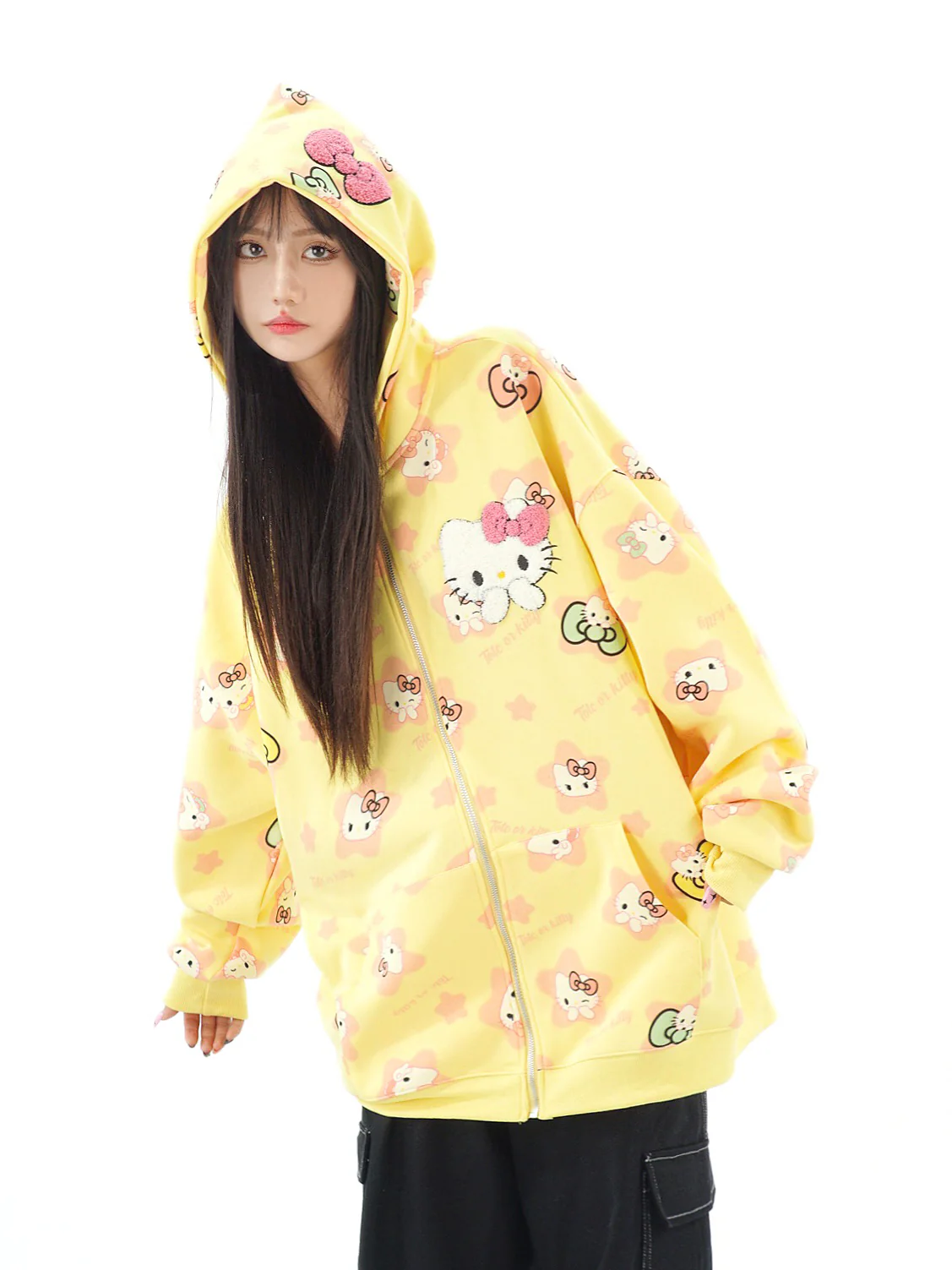 Cute Kitty Cat Print White Pink Yellow Y2K Oversize Hoodie - Image 3