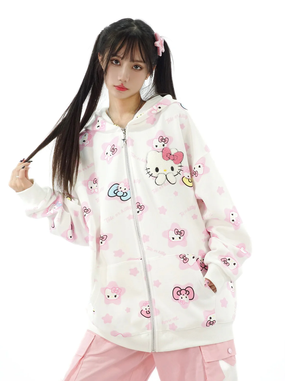 Cute Kitty Cat Print White Pink Yellow Y2K Oversize Hoodie - Image 4