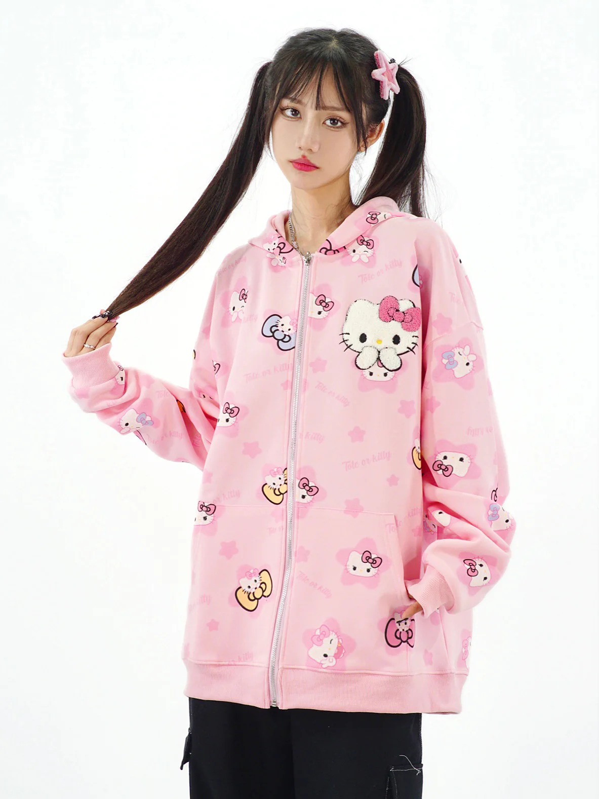 Cute Kitty Cat Print White Pink Yellow Y2K Oversize Hoodie - Image 5