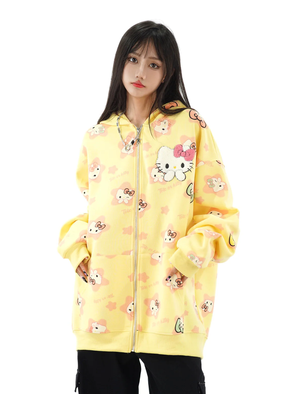 Cute Kitty Cat Print White Pink Yellow Y2K Oversize Hoodie - Image 6
