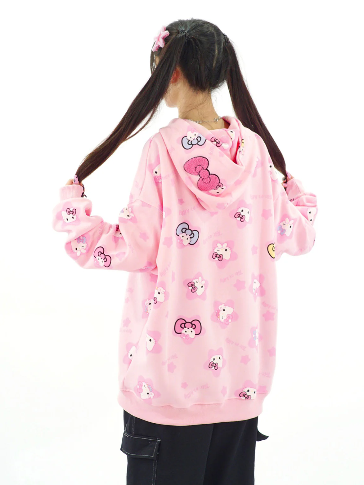 Cute Kitty Cat Print White Pink Yellow Y2K Oversize Hoodie - Image 7