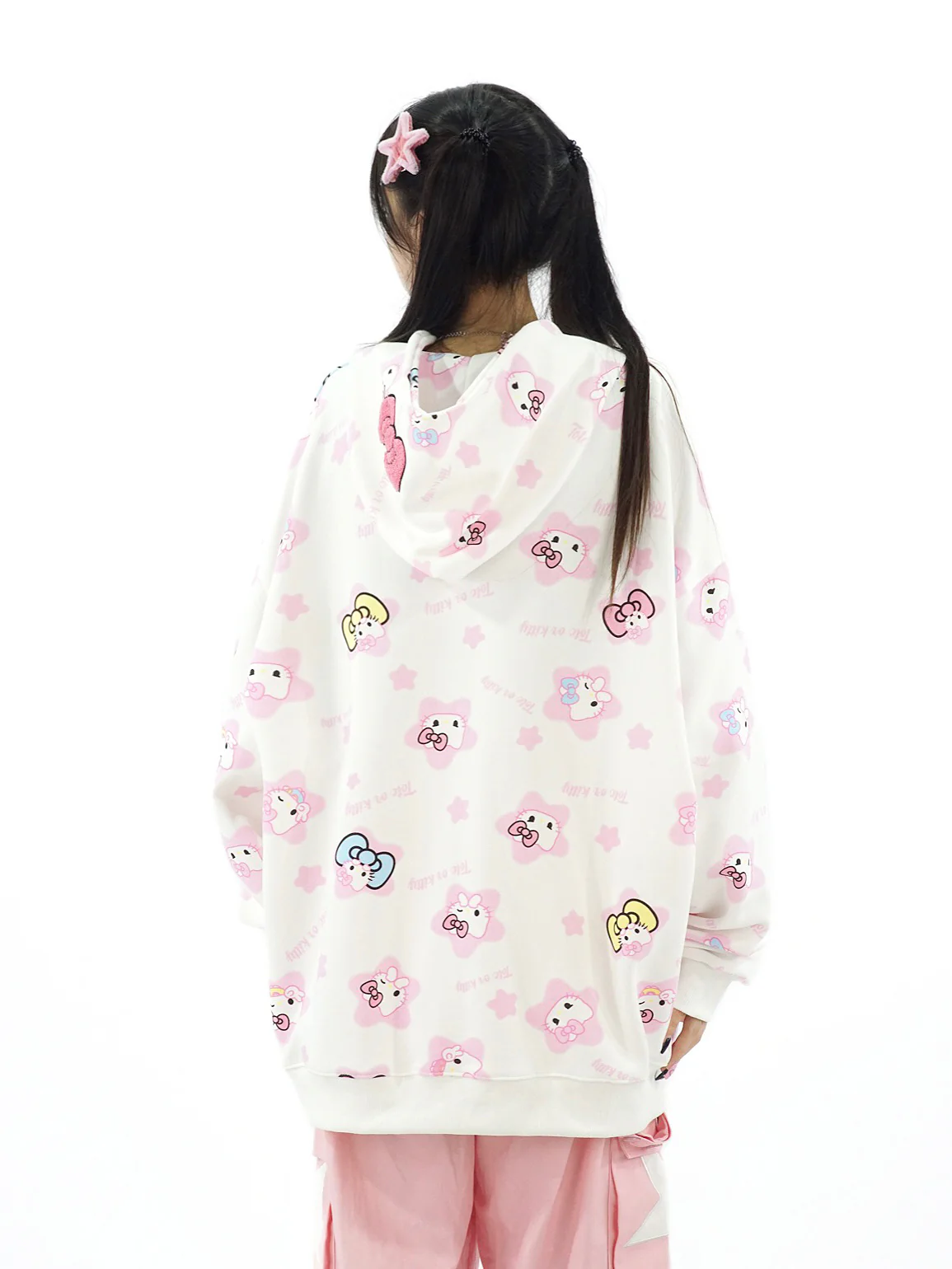 Cute Kitty Cat Print White Pink Yellow Y2K Oversize Hoodie - Image 8