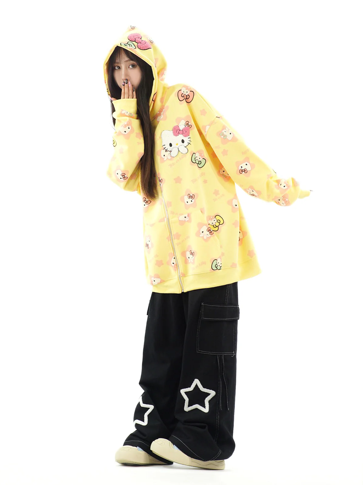 Cute Kitty Cat Print White Pink Yellow Y2K Oversize Hoodie - Image 9