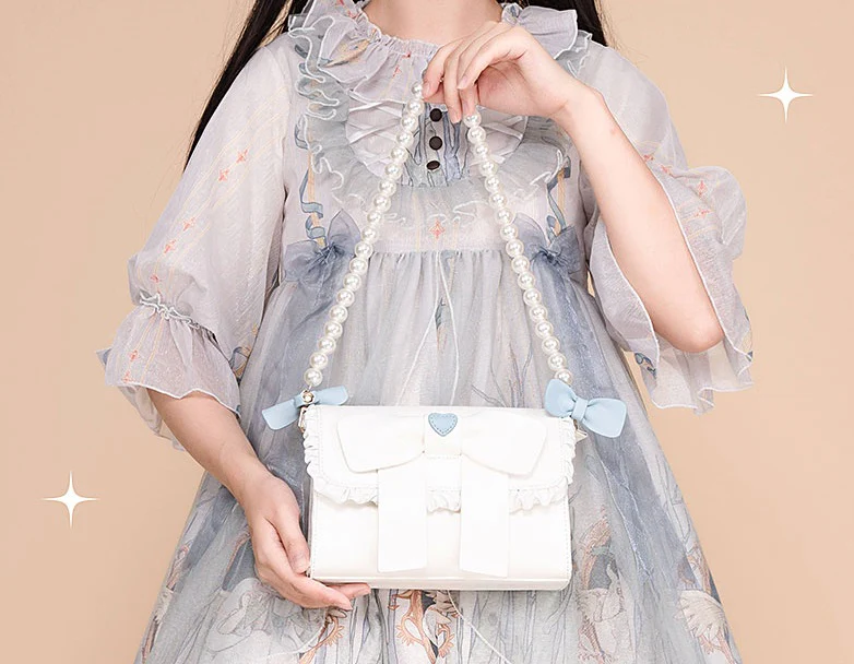 Cute Pearl Chain Bow Bowknot Red Blue White Messenger Bag - Image 8