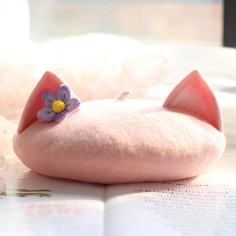 Cute Pink Cat Ears with Purple Flower Beret Hat