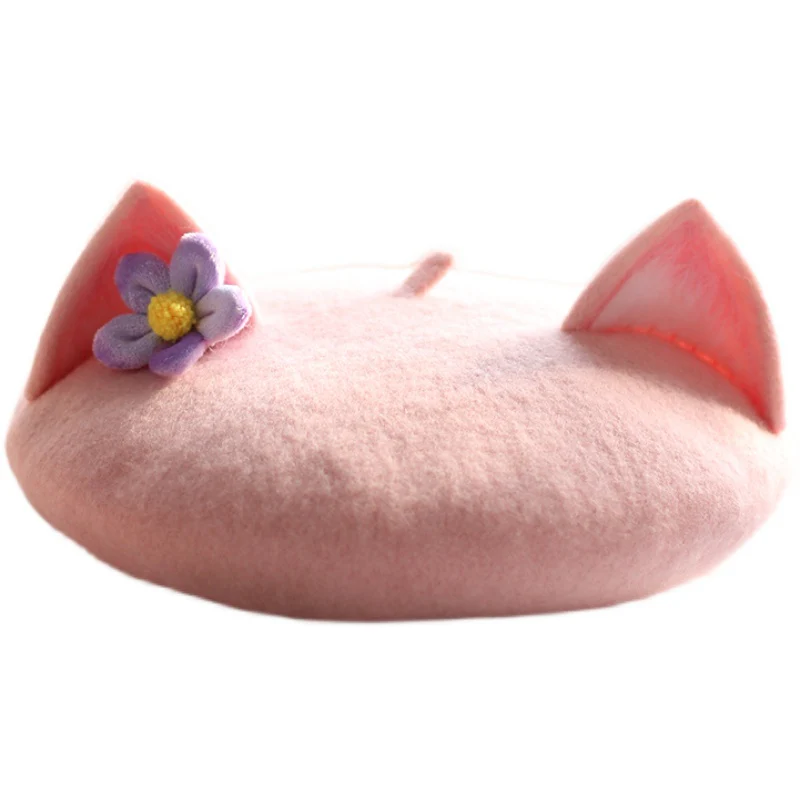 Cute Pink Cat Ears with Purple Flower Beret Hat - Image 2