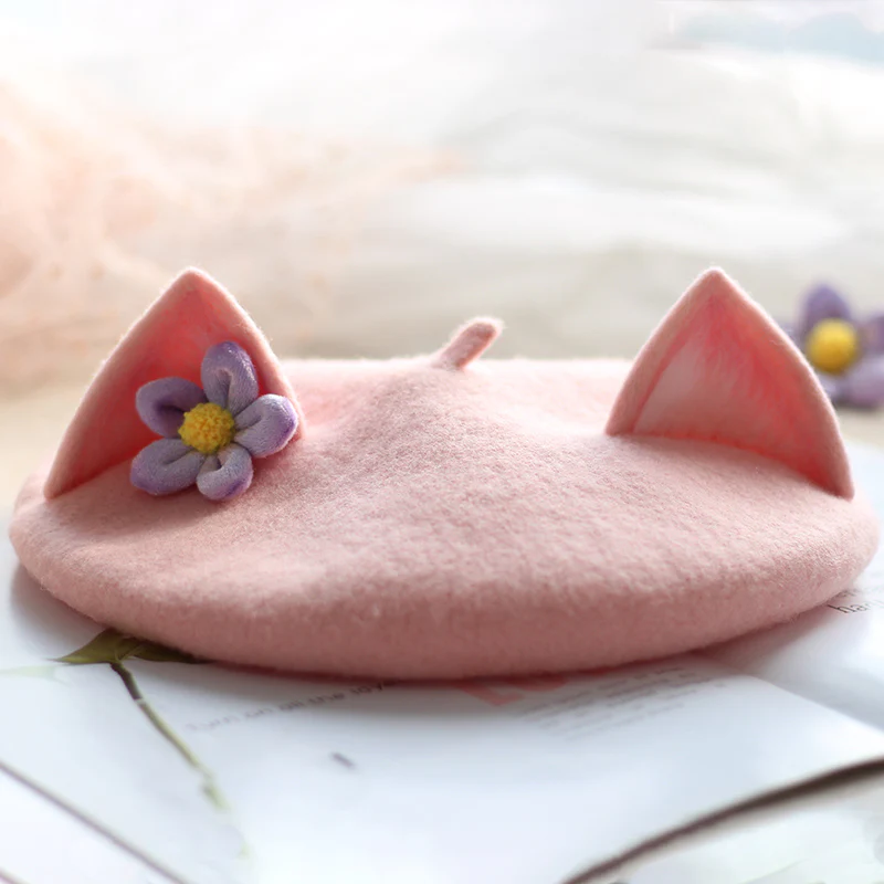 Cute Pink Cat Ears with Purple Flower Beret Hat - Image 4