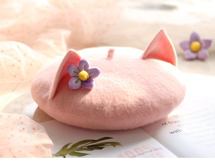 Cute Pink Cat Ears with Purple Flower Beret Hat - Image 5