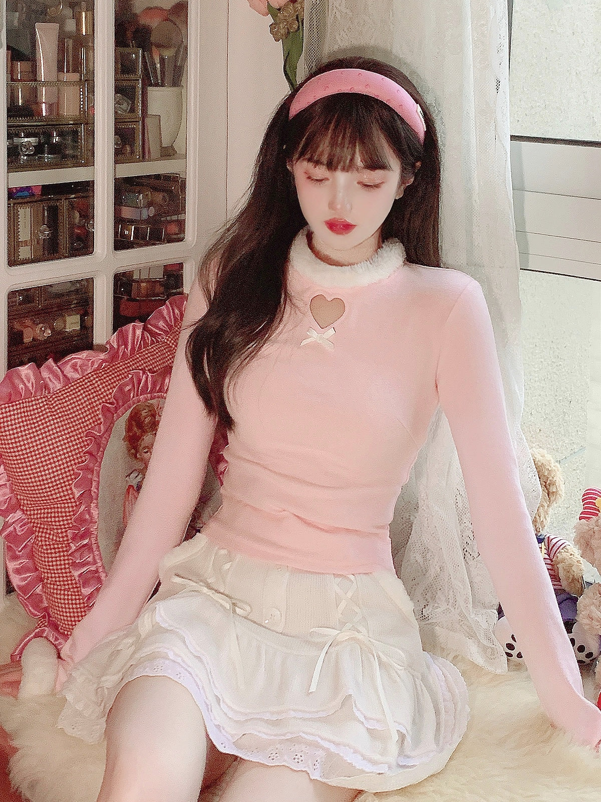 Cute Sexy Pastel White & Pink Fur Plush Sweater Top - Image 5