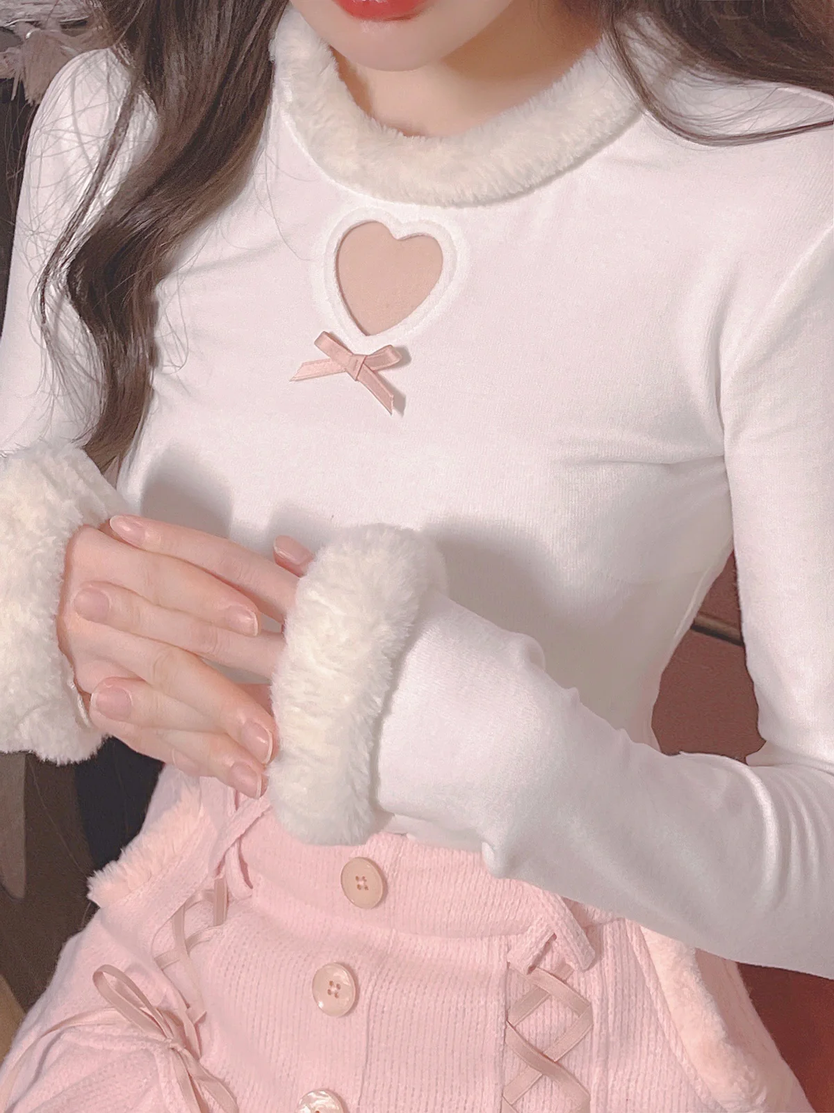 Cute Sexy Pastel White & Pink Fur Plush Sweater Top - Image 6