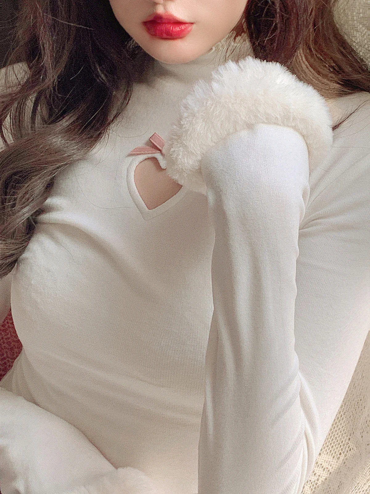 Cute Sexy Pastel White & Pink Fur Plush Sweater Top - Image 9